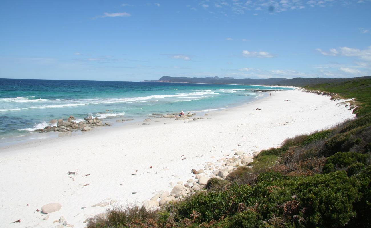 Foto af Binalong Bay med hvidt fint sand overflade