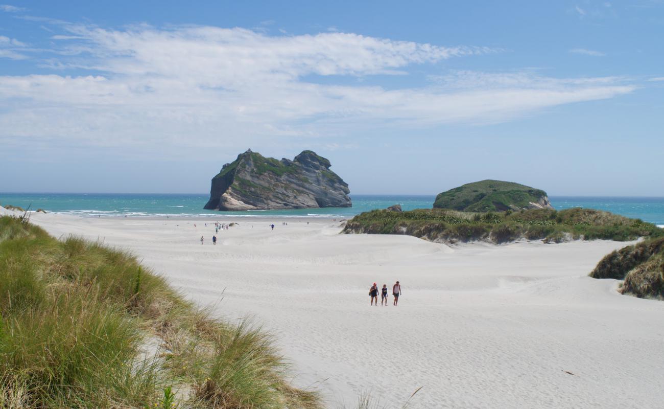 Foto af Wharariki Beach med lys sand overflade